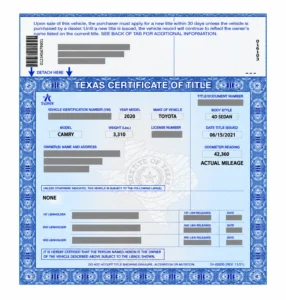 Ejemplo de título de vehículo de Texas con información de identificación y registro