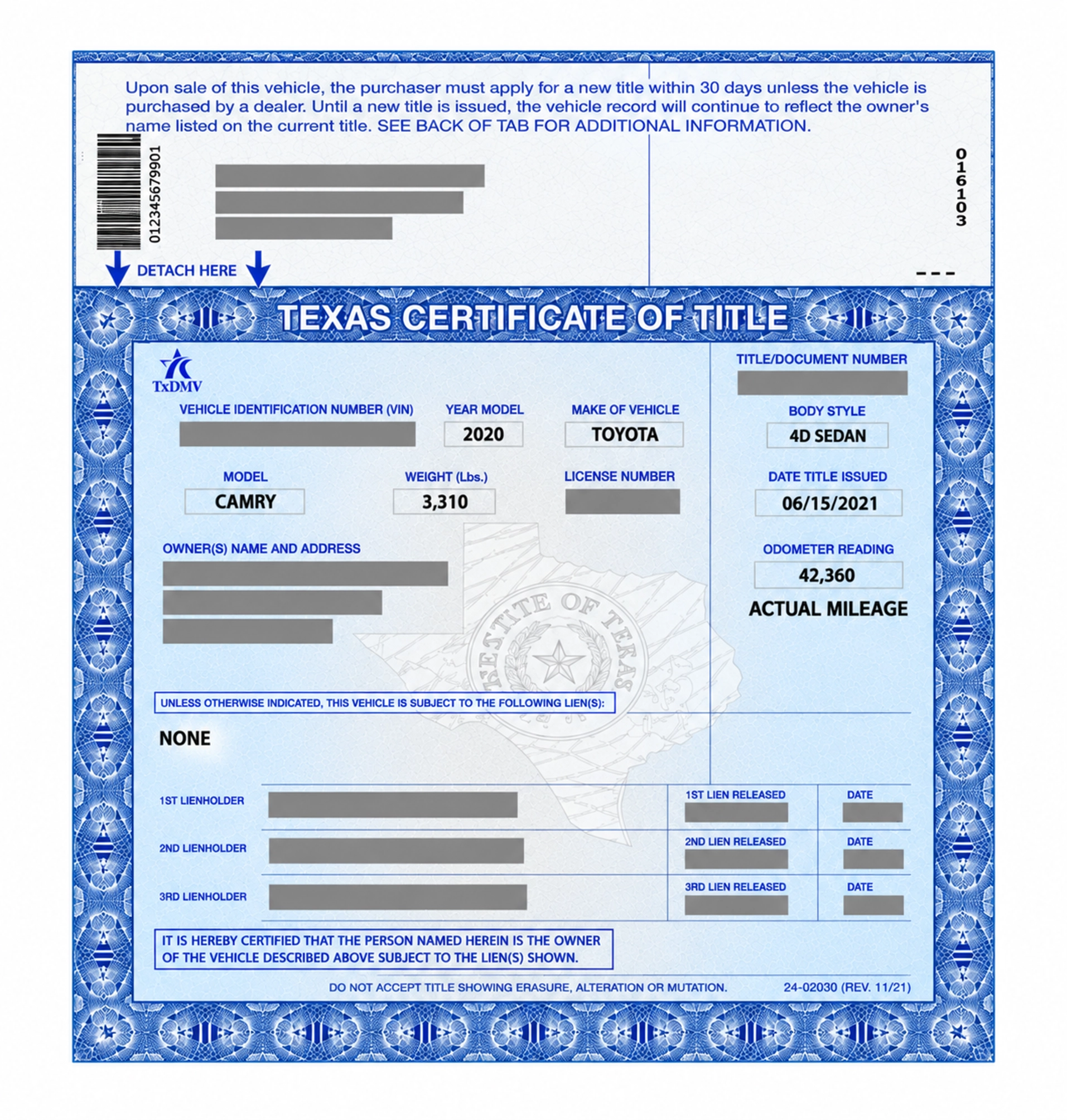 Blog 5 Ejemplo de título de vehículo de Texas con información de identificación y registro
