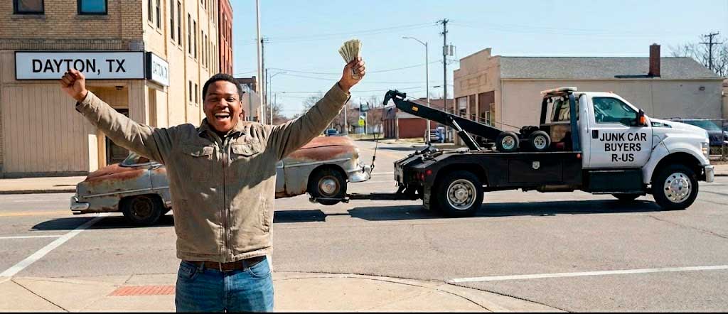 Happy customer holding cash after selling a junk car to Junk Car Buyers R-Us in Dayton, TX.
