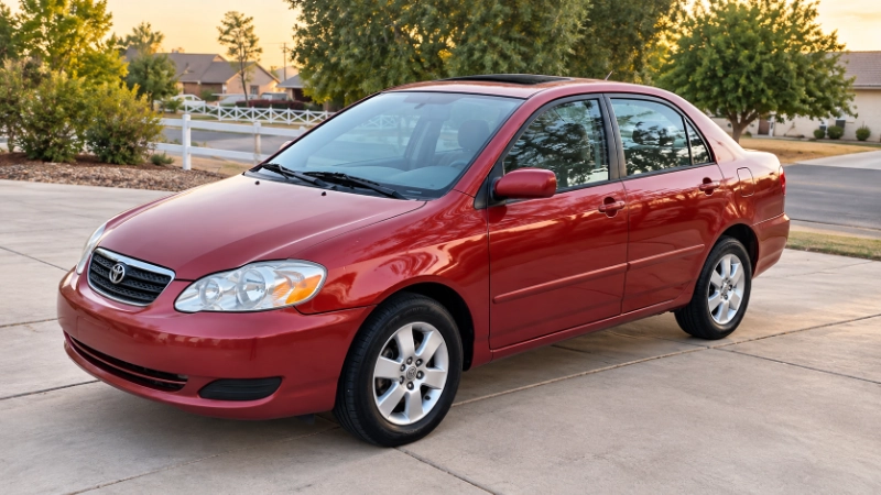 Sedán Toyota rojo estacionado en entrada residencial para venta en Stafford, TX.